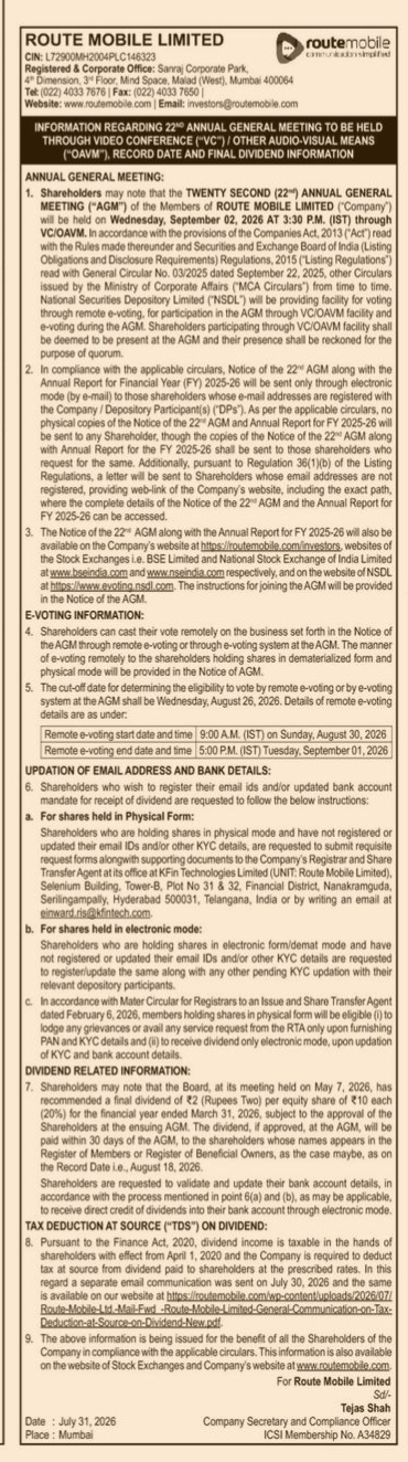 Route Mobile Limited: Notice of 22nd Annual General Meeting (AGM) and Dividend Information