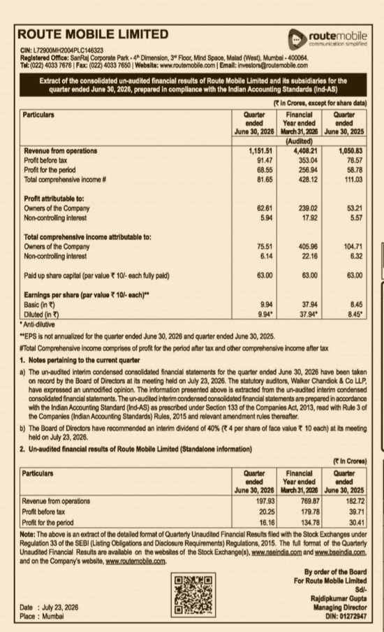 Route Mobile Limited Q1 FY27 Financial Results