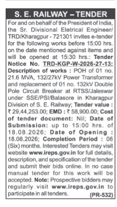 S. E. Railway E-Tender Notice for Power Transformer POH and Circuit Breaker Replacement at RTSS/Jaleswar