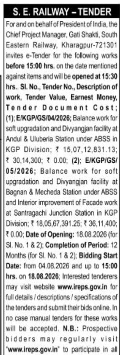 S. E. Railway e-Tender Notice for Station Upgradations (KGP Division)