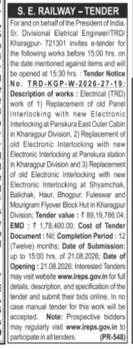 S. E. Railway Tender Notice for Electrical Works (Kharagpur Division)