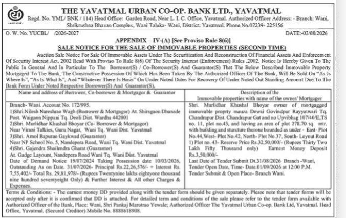 Sale Notice for Immovable Properties (Second Time) - The Yavatmal Urban Co-op. Bank Ltd.