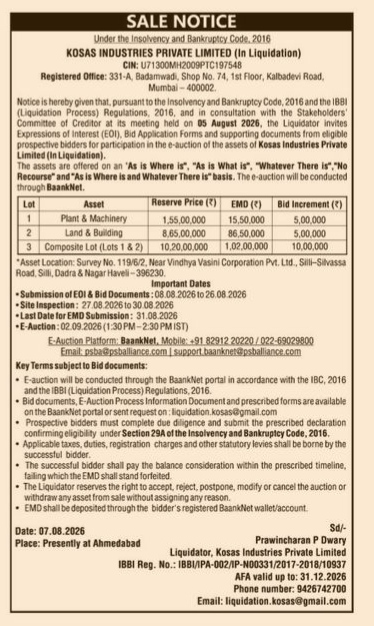 Sale Notice for Kosas Industries Private Limited (In Liquidation)
