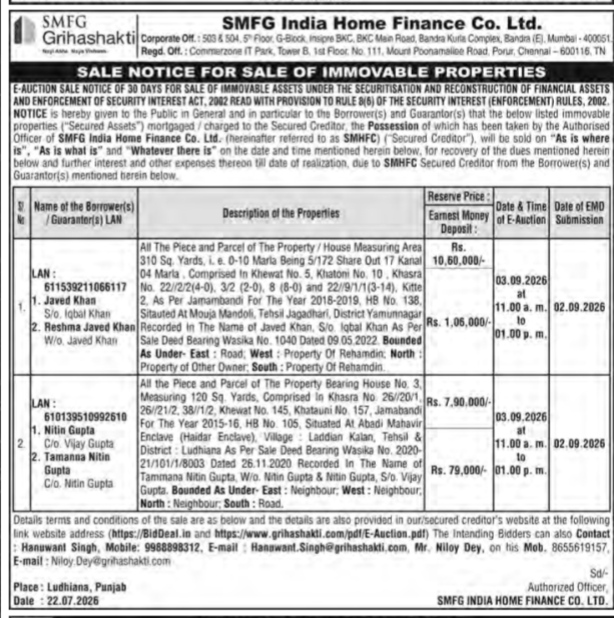 Sale Notice for Sale of Immovable Properties (E-Auction Notice