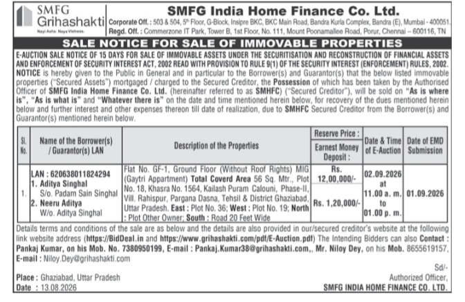 Sale Notice for Sale of Immovable Properties (SMFG Grihashakti)