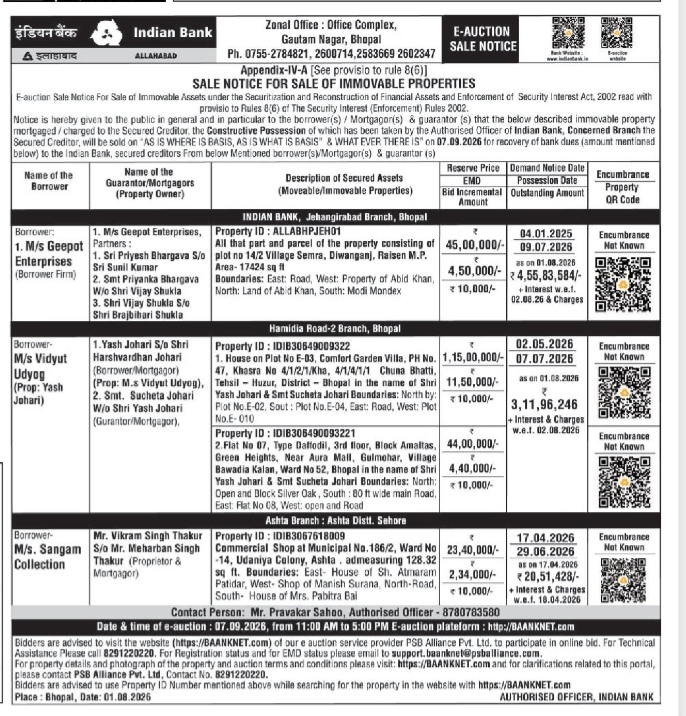 Sale Notice for Sale of Immovable Properties
