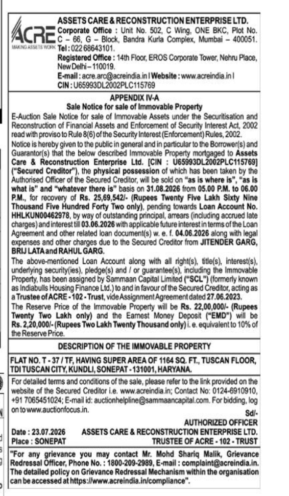 Sale Notice for Sale of Immovable Property (under Appendix IV-A)