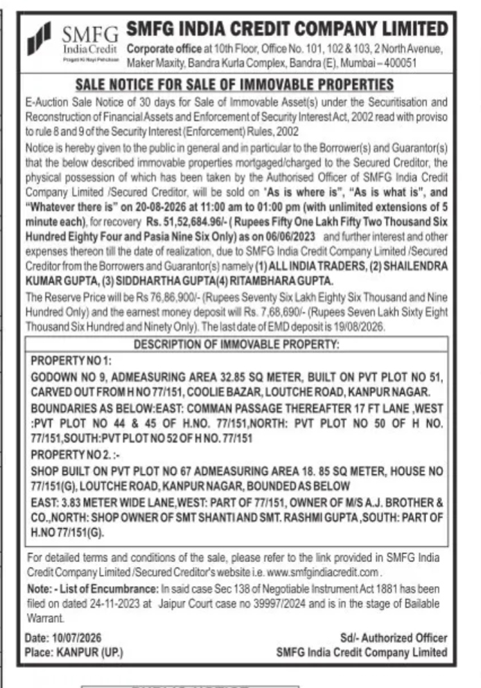 SALE NOTICE OF IMMOVABLE PROPERTIES -SMFG