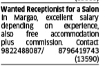 Salon Receptionist Wanted - Margao