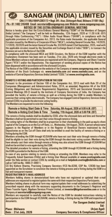 Sangam (India) Limited Notice of Extra-Ordinary General Meeting (EGM)