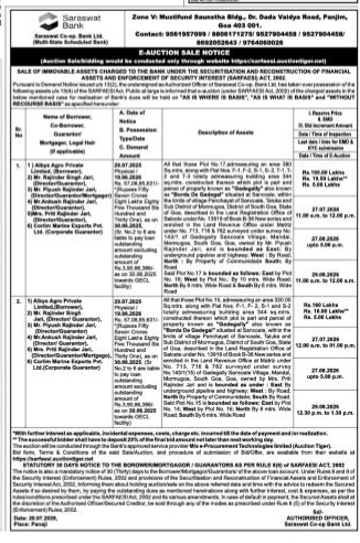 Saraswat Bank E-Auction Sale Notice (SARFAESI Act)