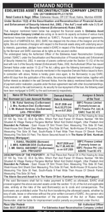 SARFAESI Act Demand Notice by Edelweiss Asset Reconstruction Company Limited
