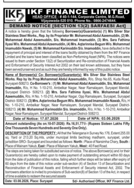 SARFAESI Act Demand Notice by IKF Finance Limited