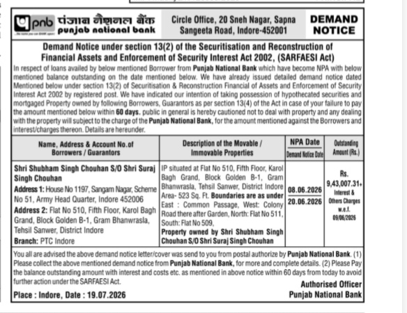 SARFAESI Act Demand Notice by Punjab National Bank