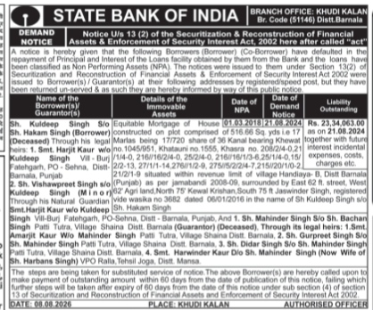 SARFAESI Act Demand Notice by State Bank of India