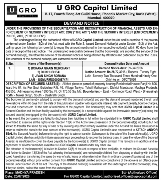 SARFAESI Act Demand Notice by U GRO Capital Limited
