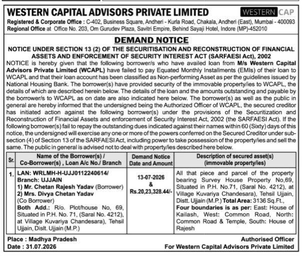 SARFAESI Act Demand Notice for Mr. Chetan Rajesh Yadav & Mrs. Divya Chetan Yadav