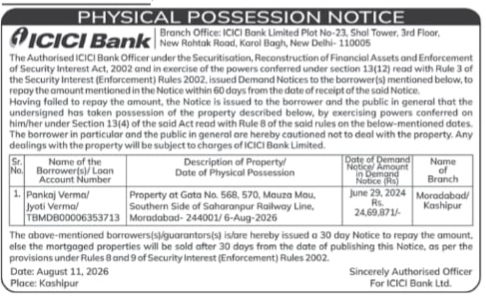 SARFAESI Act Physical Possession Notice by ICICI Bank