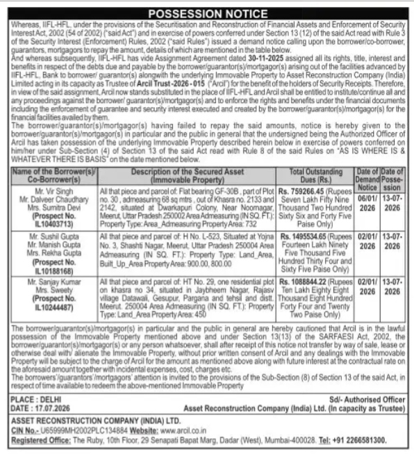 SARFAESI Act Possession Notice by Arcil