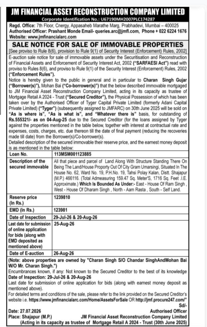 SARFAESI Act Sale Notice for Immovable Property