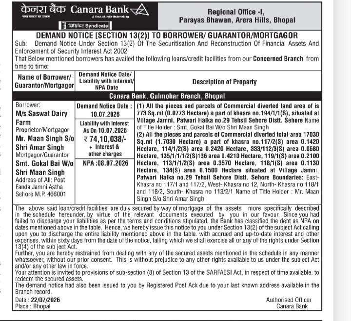 SARFAESI Demand Notice - Canara Bank