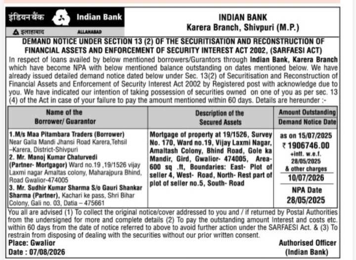 SARFAESI Demand Notice - Indian Bank (Karera Branch)