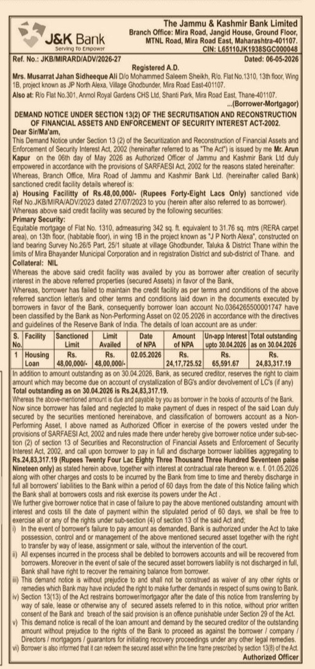 SARFAESI Demand Notice Issued by J&K Bank to Mrs. Musarrat Jahan Sidheeque Ali