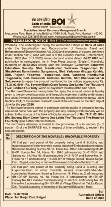 SARFAESI Possession Notice by Bank of India