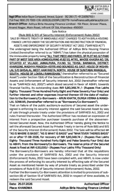 SARFAESI Sale Notice by Private Treaty – Aditya Birla Housing Finance Limited