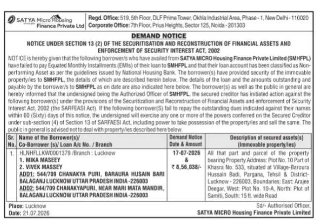 SARFEASI Demand Notice issued by Satya Micro Housing Finance Private Limited