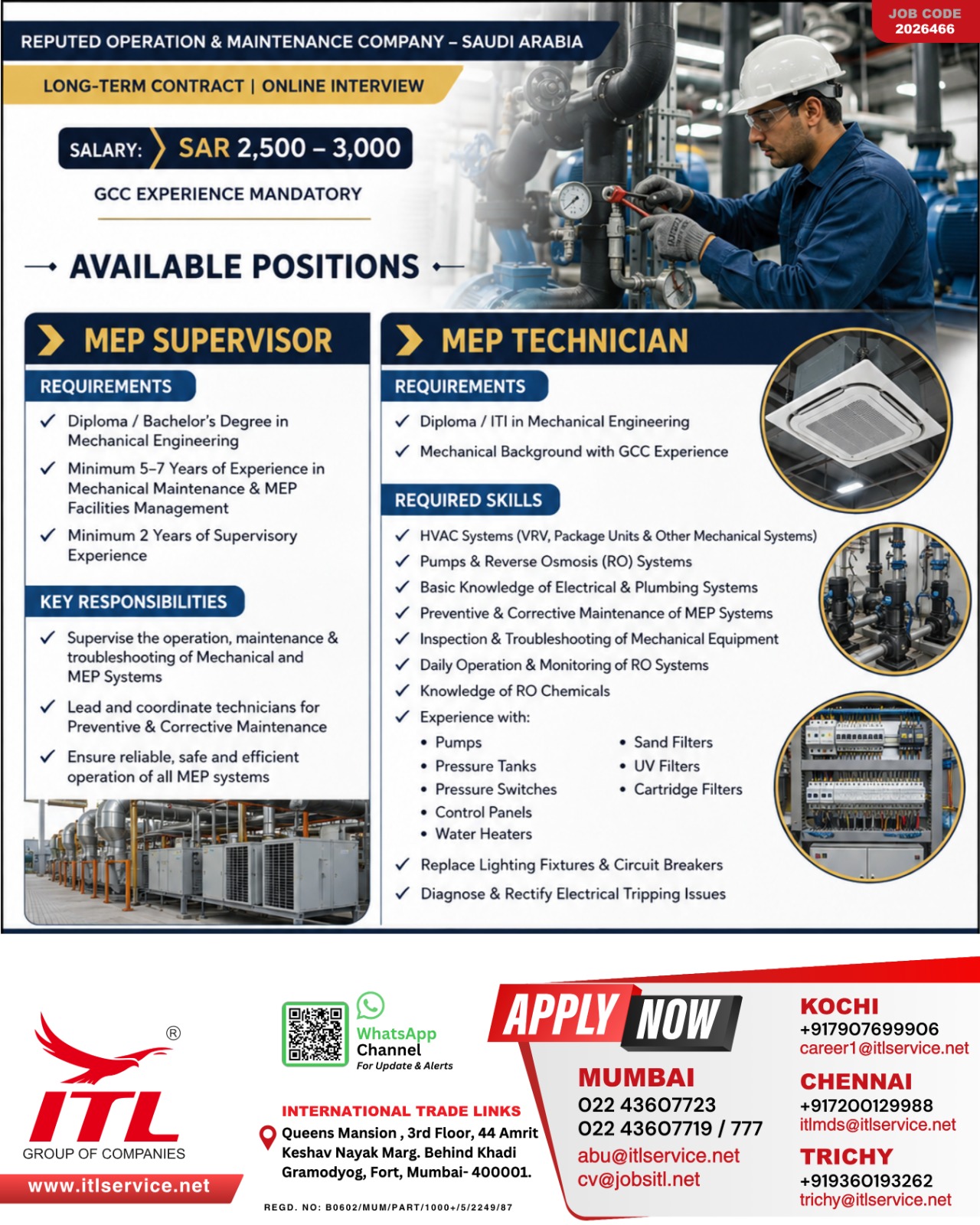 Saudi Arabia Job Recruitment: MEP Supervisor & Technician Roles