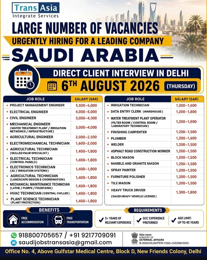 Saudi Arabia Job Vacancies - Direct Delhi Interviews (Aug 2026)