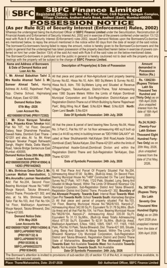 SBFC Finance Limited Possession Notice