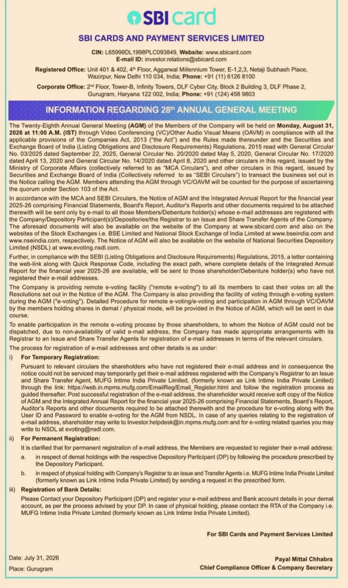SBI Cards and Payment Services Limited - Information Regarding 28th Annual General Meeting