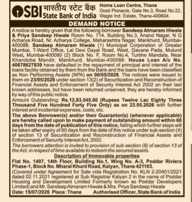 SBI Demand Notice for Sandeep Atmaram Hiwale & Priya Sandeep Hiwale