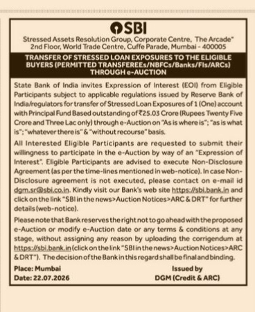 SBI e-Auction Notice for Transfer of Stressed Loan Exposures
