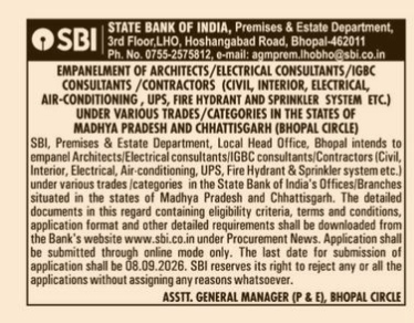 SBI Empanelment of Architects and Contractors 2026