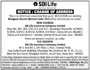 SBI Life Madgaon Branch Relocation Notice