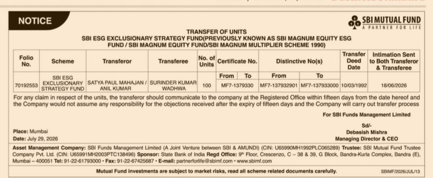 SBI Mutual Fund Unit Transfer Notice – July 2026