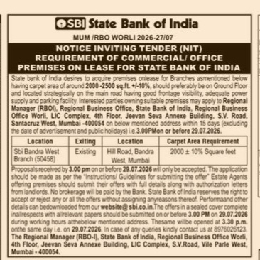 SBI Notice Inviting Tender (NIT) - Mumbai
