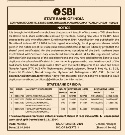 SBI Public Notice: Duplicate Share Certificates Issued Post-Stock Split
