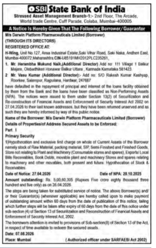 SBI Public Notice: NPA Demand Notice for Darwin Platform Pharmaceuticals