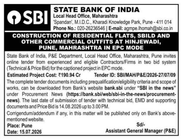 SBI Tender Notice: Residential & Commercial Construction in Pune