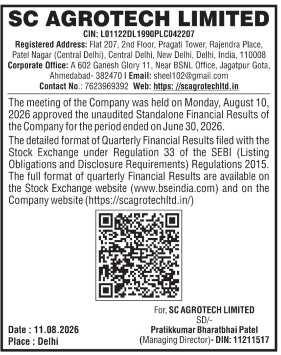 SC Agrotech Limited Financial Results Notice (Q1 FY 2026-27)