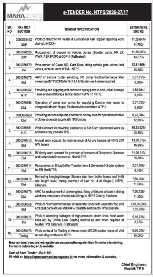 Schedule of Tender Specifications and Estimates for NTPS 2026-27
