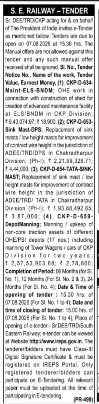 S.E. Railway e-Tender Notice for OHE, Mast Replacement, and Depot Manning Works (August 2026)