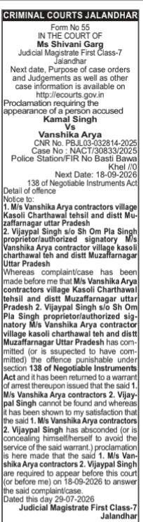 Section 138 Negotiable Instruments Act Court Notice – Jalandhar