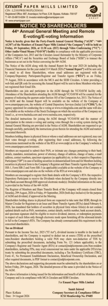 Shareholder Notice: 44th AGM and E-Voting Information (2026)