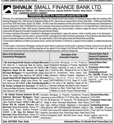 Shivalik Small Finance Bank Possession Notice
