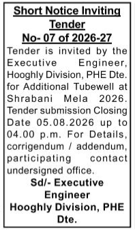 Short Notice Inviting Tender No- 07 of 2026-27 for Additional Tubewell at Shrabani Mela 2026